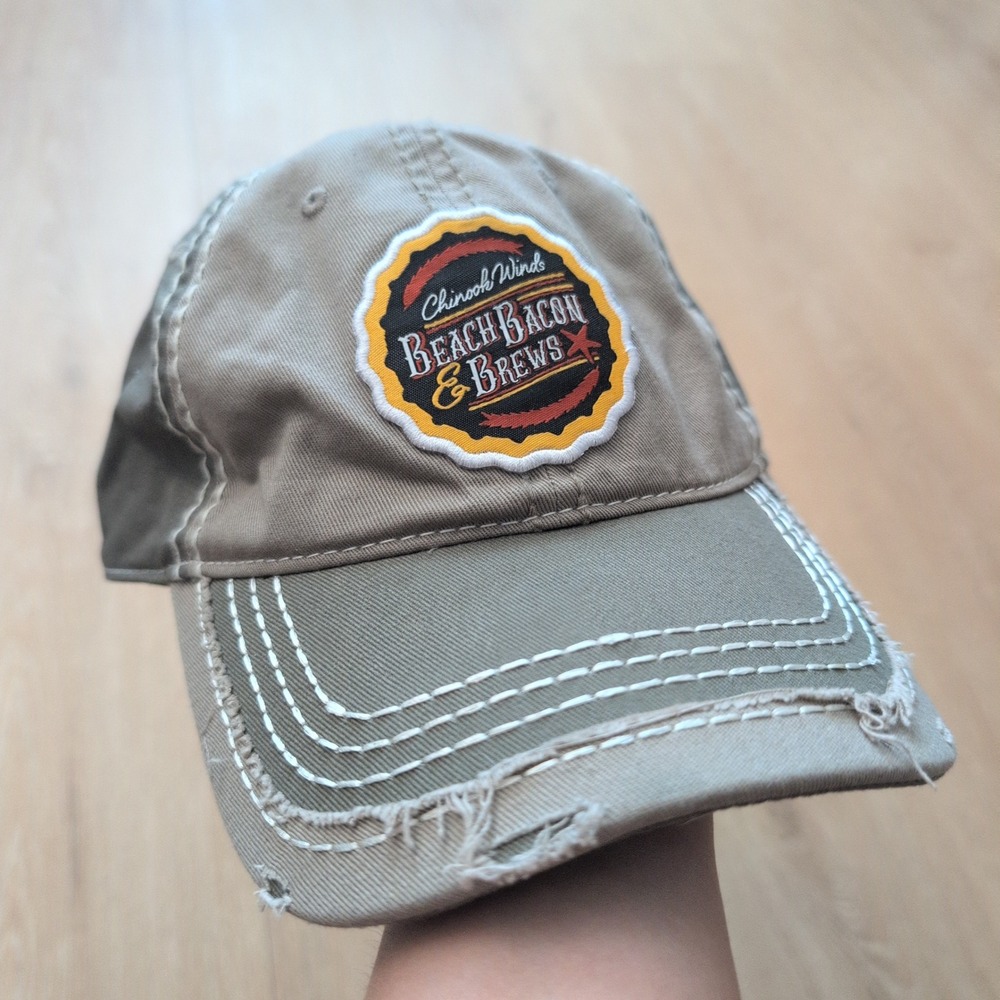 Otto Cap Chinook Winds Beach Bacon & Brews Distressed Hat Khaki Green Adjustable